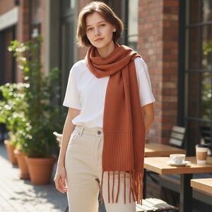 Free People Orange Ribbed Fringe Blanket Scarf Oversized Boho Winter Autumnal